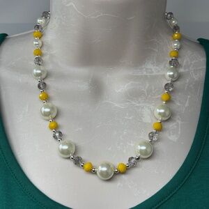 Handmade Beaded Necklace Yellow and Gray Glass Beads with Round Faux Pearls 19"